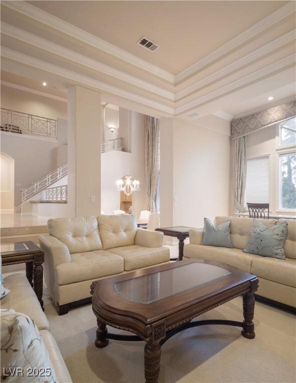 2041 Troon Dr, Henderson, NV 89074 - living area with light carpet, crown molding, and a chandelier