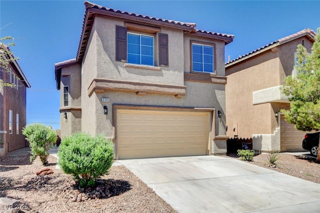 6346 Azurelyn Ave, Las Vegas, NV 89122 - view of front of home with an attached garage, a tiled roof, stucco siding, and concrete driveway