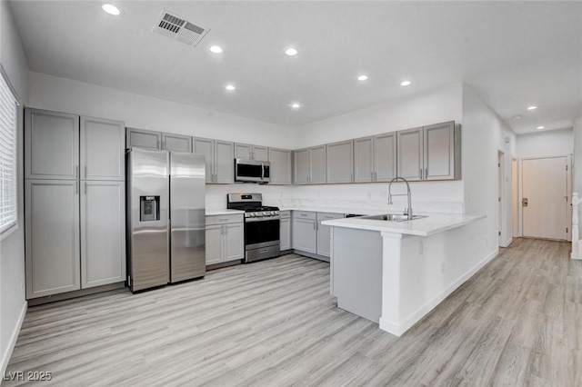 6346 Azurelyn Ave, Las Vegas, NV 89122 - kitchen with appliances with stainless steel finishes, gray cabinetry, light wood-type flooring, a peninsula, and recessed lighting