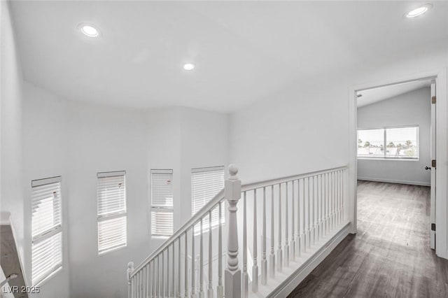 6346 Azurelyn Ave, Las Vegas, NV 89122 - hallway with an upstairs landing, recessed lighting, wood finished floors, and vaulted ceiling