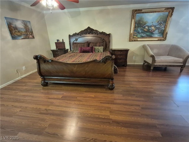 bedroom with wood finished floors, ornamental molding, and ceiling fan