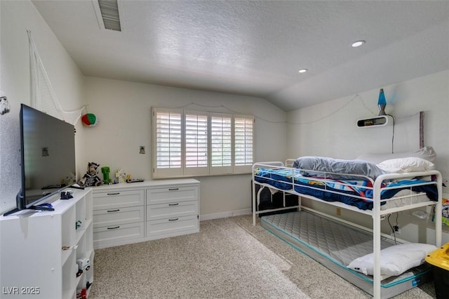 5133 Southern Hills Ln, Las Vegas, NV 89113 - bedroom featuring lofted ceiling, light carpet, a textured ceiling, and recessed lighting