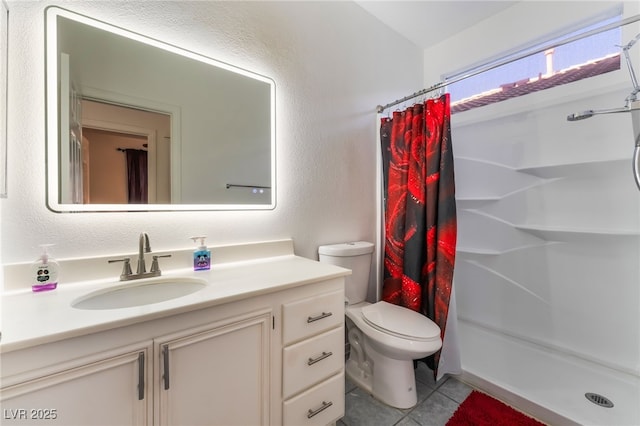5907 Soft Mist Ct, Las Vegas, NV 89110 - full bath with vanity, a shower with shower curtain, tile patterned floors, and a textured wall