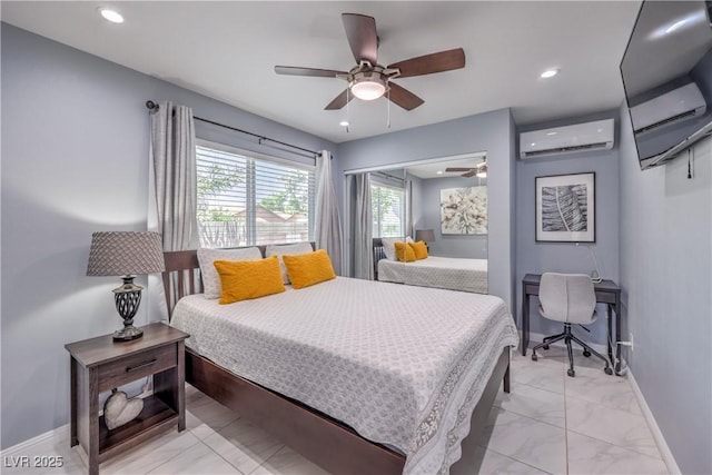 905 Smith St, Las Vegas, NV 89108 - bedroom with a wall unit AC, light marble finish floors, a ceiling fan, and recessed lighting