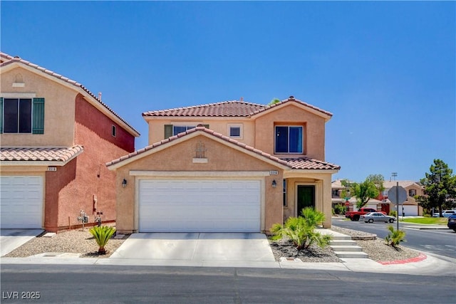 5516 Tantalum Ln, Las Vegas, NV 89122 - view of front of house with stucco siding, concrete driveway, a tiled roof, and an attached garage