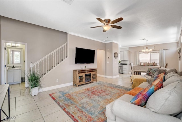 5516 Tantalum Ln, Las Vegas, NV 89122 - living room featuring light tile patterned flooring, a ceiling fan, stairs, a chandelier, and ornamental molding