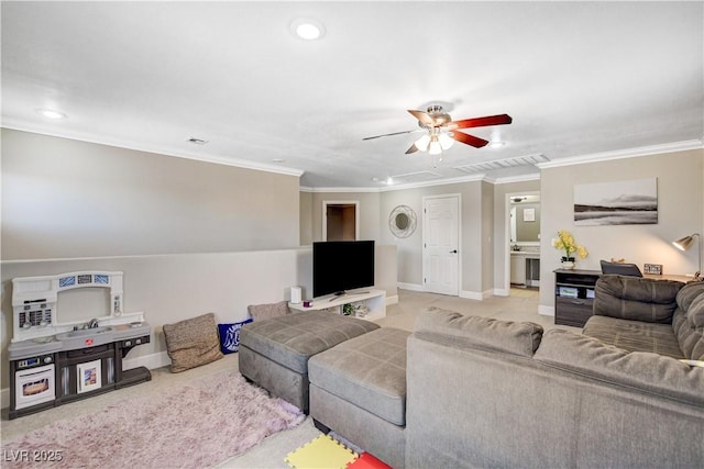 5516 Tantalum Ln, Las Vegas, NV 89122 - carpeted living room featuring ornamental molding, a ceiling fan, and recessed lighting