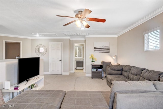 5516 Tantalum Ln, Las Vegas, NV 89122 - living room with ornamental molding, ceiling fan, and light carpet