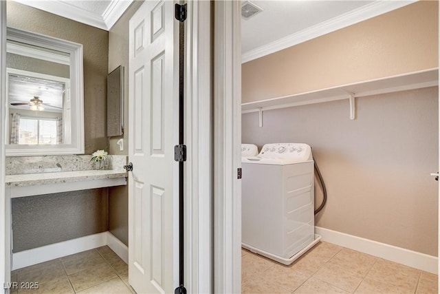 5516 Tantalum Ln, Las Vegas, NV 89122 - laundry area with washer / clothes dryer, ornamental molding, light tile patterned flooring, and a ceiling fan
