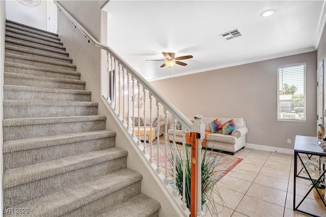 5516 Tantalum Ln, Las Vegas, NV 89122 - stairway featuring ceiling fan, crown molding, and tile patterned flooring