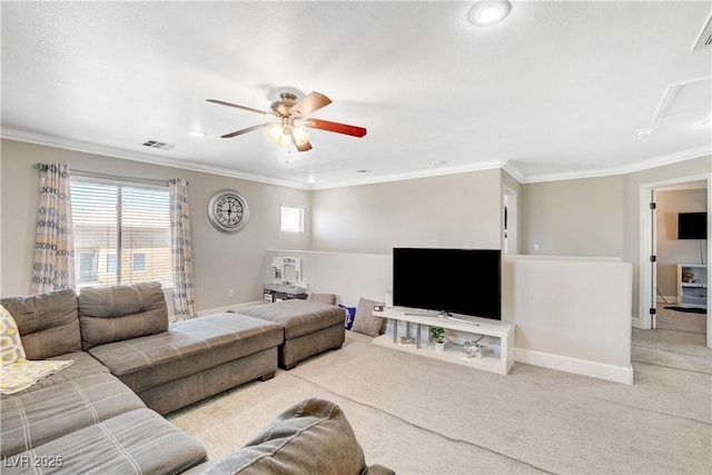 5516 Tantalum Ln, Las Vegas, NV 89122 - carpeted living room featuring crown molding, ceiling fan, and recessed lighting