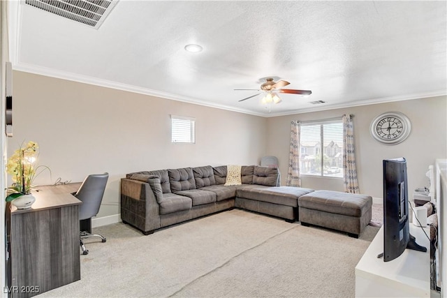 5516 Tantalum Ln, Las Vegas, NV 89122 - living area featuring carpet floors, crown molding, a desk, plenty of natural light, and a ceiling fan