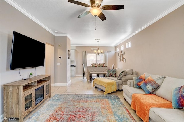 5516 Tantalum Ln, Las Vegas, NV 89122 - living room featuring a chandelier, ceiling fan, ornamental molding, and light tile patterned flooring
