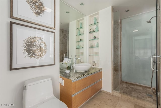 3722 Las Vegas Blvd Unit 3209, Las Vegas, NV 89158 - bathroom with vanity, a shower stall, tile patterned flooring, and recessed lighting
