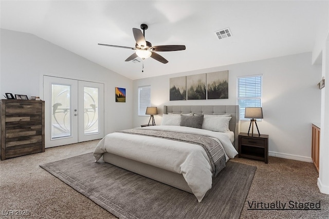 741 Wildwood Beach Ave, Henderson, NV 89052 - carpeted bedroom with access to outside, french doors, vaulted ceiling, and ceiling fan