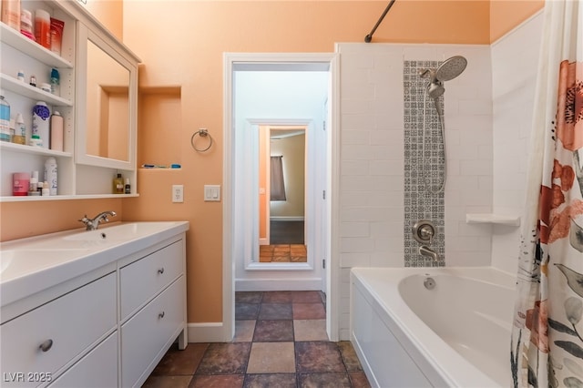 4837 River Splash Ave, Las Vegas, NV 89131 - full bath with shower / bath combination with curtain, double vanity, and stone finish floors