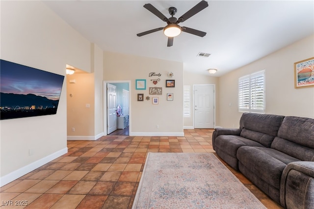 4837 River Splash Ave, Las Vegas, NV 89131 - living room featuring a ceiling fan and lofted ceiling