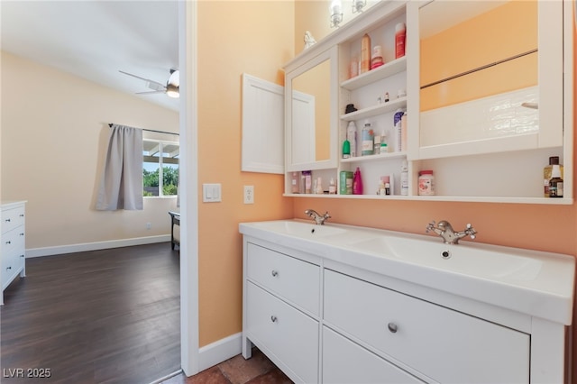 4837 River Splash Ave, Las Vegas, NV 89131 - full bath with double vanity, a ceiling fan, and wood finished floors