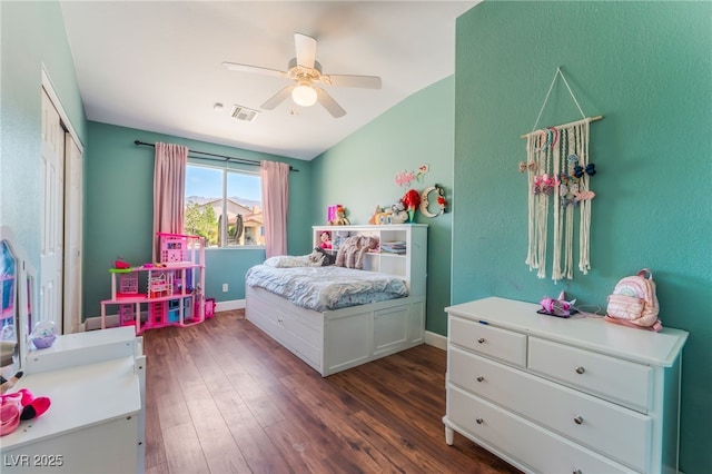 4837 River Splash Ave, Las Vegas, NV 89131 - bedroom with dark wood-style flooring, ceiling fan, and vaulted ceiling