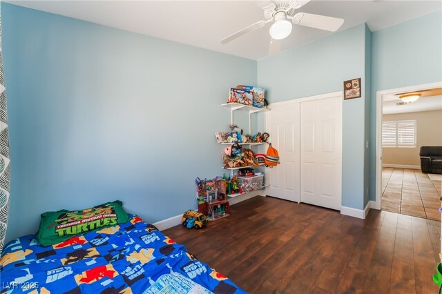 4837 River Splash Ave, Las Vegas, NV 89131 - unfurnished bedroom featuring wood finished floors, a closet, and a ceiling fan