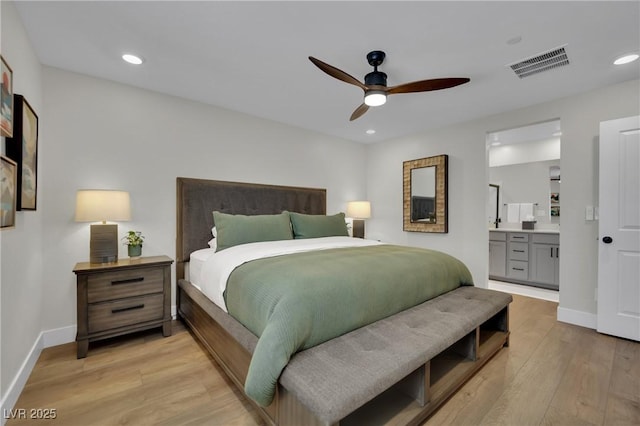 530 Sonoma Range St, Las Vegas, NV 89138 - bedroom with light wood-type flooring, recessed lighting, ensuite bath, and ceiling fan