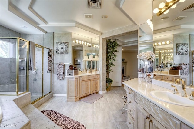 9905 Fox Springs Dr, Las Vegas, NV 89117 - full bathroom featuring a stall shower and two vanities