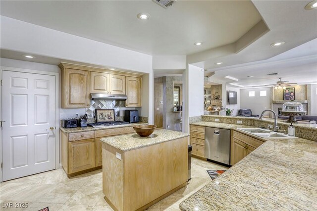 9905 Fox Springs Dr, Las Vegas, NV 89117 - kitchen featuring stainless steel dishwasher, under cabinet range hood, light stone counters, recessed lighting, and a ceiling fan
