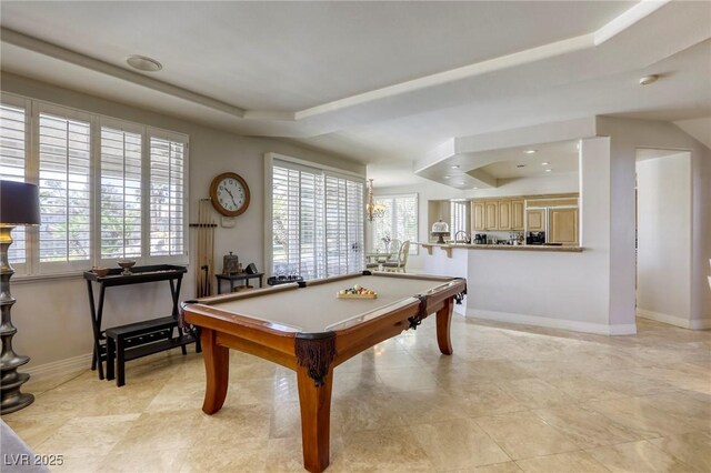 9905 Fox Springs Dr, Las Vegas, NV 89117 - recreation room with a tray ceiling, plenty of natural light, pool table, light tile patterned flooring, and recessed lighting