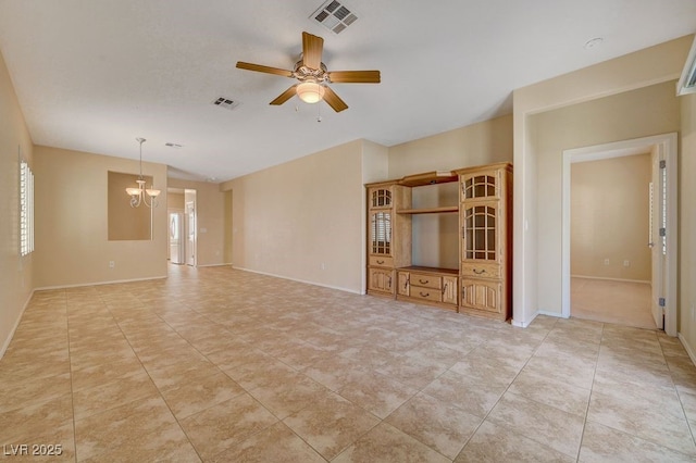 7916 Lyrebird Dr, North Las Vegas, NV 89084 - unfurnished living room featuring ceiling fan, a chandelier, vaulted ceiling, and light tile patterned floors