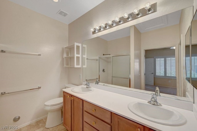 7916 Lyrebird Dr, North Las Vegas, NV 89084 - bathroom featuring a shower stall, double vanity, and tile patterned floors