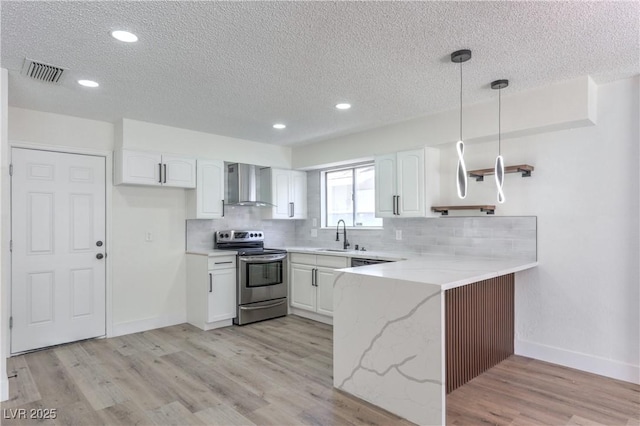 4277 Rimcrest Rd, Las Vegas, NV 89121 - kitchen featuring stainless steel electric stove, wall chimney range hood, a peninsula, tasteful backsplash, and recessed lighting