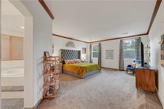 8812 Glenistar Gate Ave, Las Vegas, NV 89143 - carpeted bedroom featuring crown molding and connected bathroom