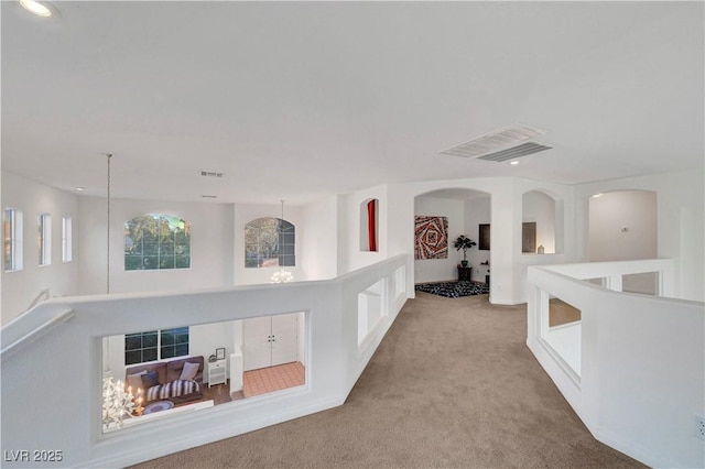8812 Glenistar Gate Ave, Las Vegas, NV 89143 - hall with carpet floors, recessed lighting, and an upstairs landing