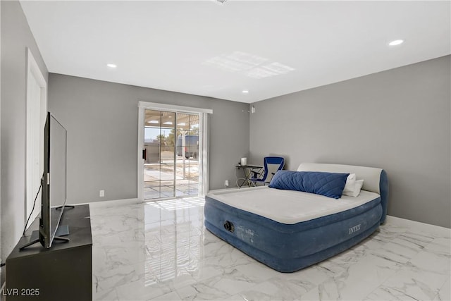 4490 W Warm Springs Rd, Las Vegas, NV 89118 - bedroom with marble tiled floors, access to exterior, and recessed lighting
