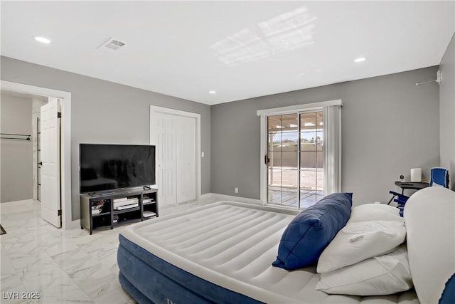 4490 W Warm Springs Rd, Las Vegas, NV 89118 - bedroom featuring light marble finish floors, recessed lighting, access to outside, and a closet