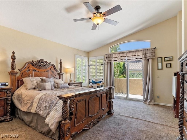 1870 Desert Forest Way, Henderson, NV 89012 - bedroom featuring carpet floors, access to exterior, lofted ceiling, and ceiling fan