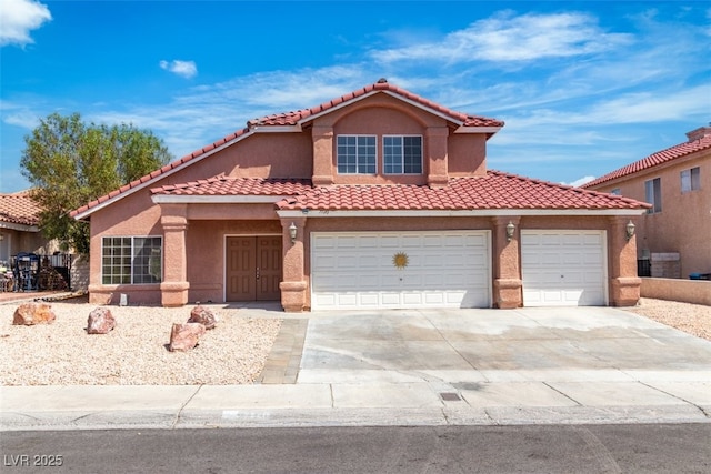 7720 Leavorite Dr, Las Vegas, NV 89128 - mediterranean / spanish home with stucco siding, concrete driveway, a tiled roof, and an attached garage