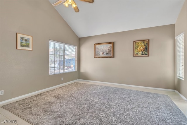 7720 Leavorite Dr, Las Vegas, NV 89128 - unfurnished room featuring healthy amount of natural light, ceiling fan, high vaulted ceiling, and carpet