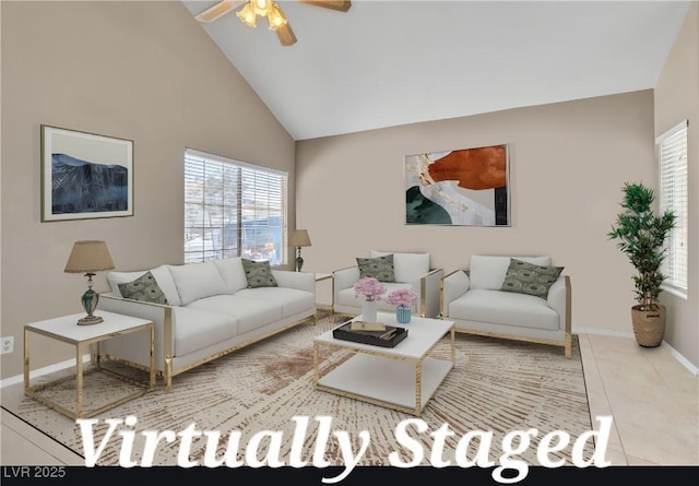 7720 Leavorite Dr, Las Vegas, NV 89128 - tiled living room with high vaulted ceiling and a ceiling fan
