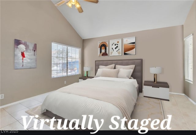 7720 Leavorite Dr, Las Vegas, NV 89128 - tiled bedroom with multiple windows, high vaulted ceiling, and ceiling fan