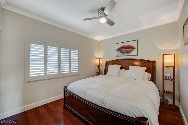 10621 Tinta Ln, Las Vegas, NV 89144 - bedroom featuring wood finished floors, ornamental molding, and ceiling fan