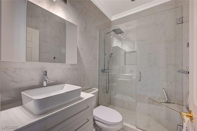 10621 Tinta Ln, Las Vegas, NV 89144 - full bathroom featuring a marble finish shower, tile walls, vanity, and ornamental molding
