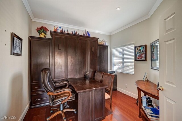 10621 Tinta Ln, Las Vegas, NV 89144 - office with dark wood-type flooring and crown molding