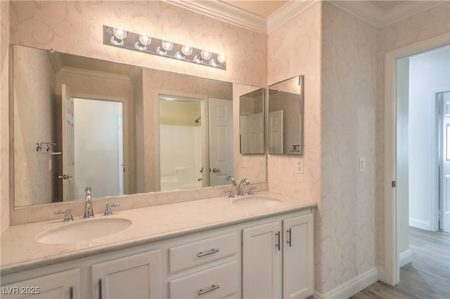 1869 Desert Forest Way, Henderson, NV 89012 - full bath with wallpapered walls, crown molding, double vanity, and wood finished floors