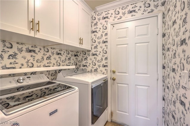 1869 Desert Forest Way, Henderson, NV 89012 - laundry room with wallpapered walls, cabinet space, separate washer and dryer, and crown molding