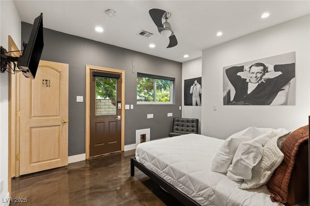 3004 Astoria Pines Cir, Las Vegas, NV 89107 - bedroom with recessed lighting, concrete flooring, ceiling fan, and access to exterior