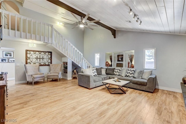 5260 N Jones Blvd, Las Vegas, NV 89130 - living area featuring stairway, wood finished floors, high vaulted ceiling, ceiling fan, and a wooden ceiling with exposed beams