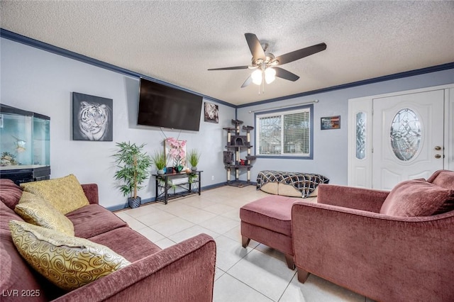 224 Catalini St, Las Vegas, NV 89107 - living area featuring ornamental molding, ceiling fan, light tile patterned floors, and a textured ceiling