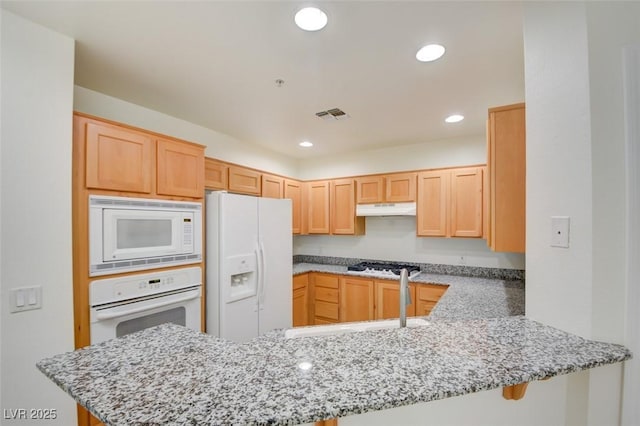 23 E Agate Ave Unit 207, Las Vegas, NV 89123 - kitchen with white appliances, under cabinet range hood, a peninsula, light brown cabinets, and light stone counters