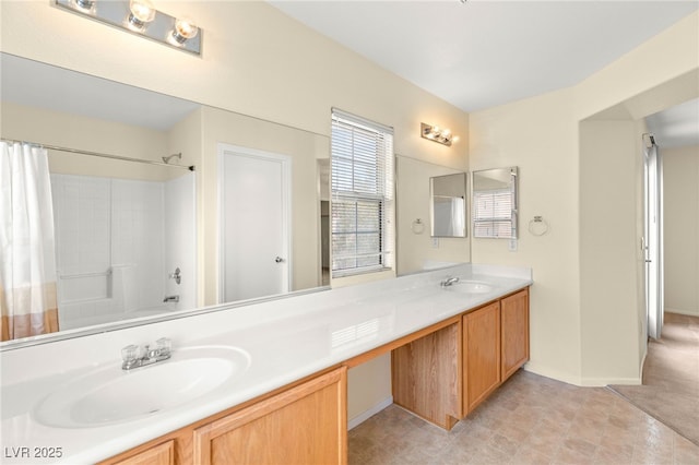 10437 Coyote Cub Ave, Las Vegas, NV 89129 - full bathroom with double vanity and shower / bathtub combination with curtain